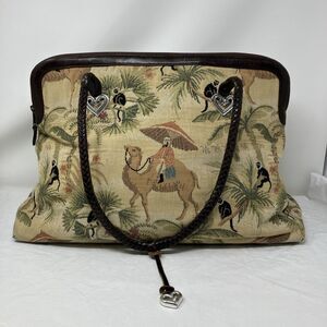 BRIGHTON Weekender Brown Leather Tapestry Travel Tote Boho Duffle Camel Monkey
